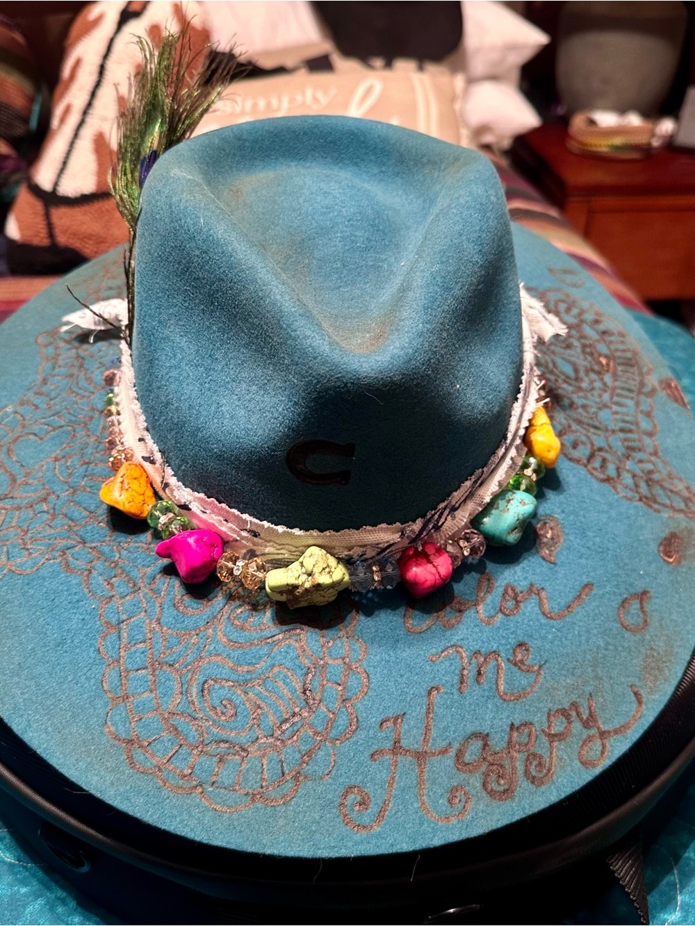 Charlie One Horse Paisley Burned Designed Dark Teal Felt Hat w/ Beaded ColorTrim